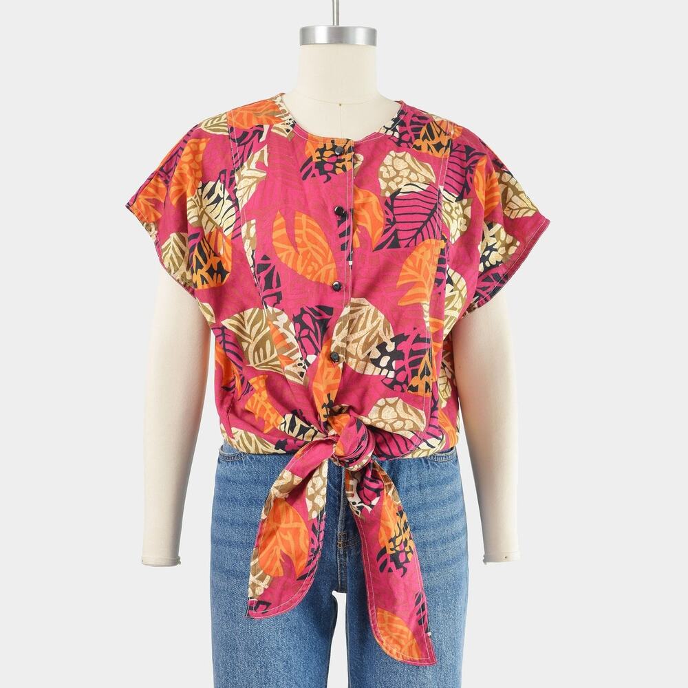 Vintage 90s Leaf Print Cotton Shirt Tie Waist Button Up Short Sleeve Blouse L